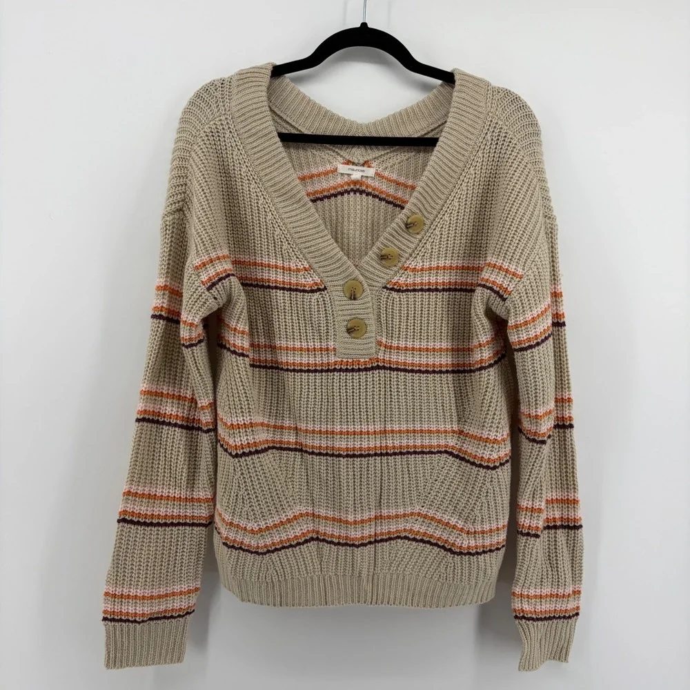 Maurices Medium Sweater Tan Striped Henley V-Neck‎ Button Shaker Knit Boho